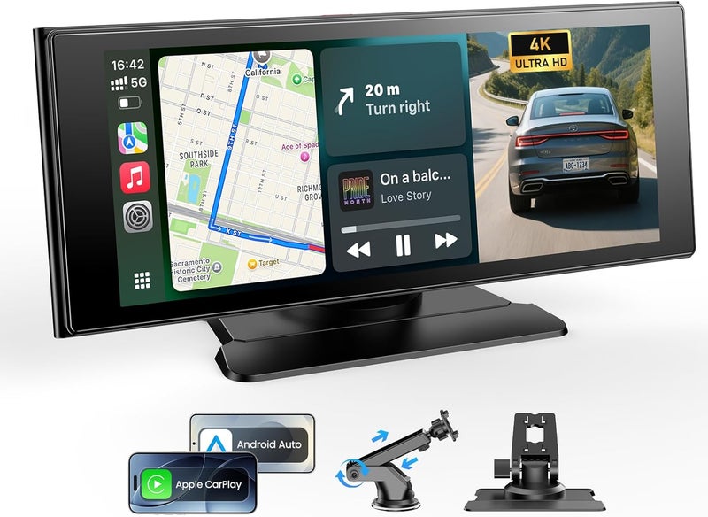 WonVon Wireless Car Play Screen, 10.26'' Monitor with Apple Carplay & Android Auto, 4K Portable Smart Touch Tablet Stereo Multimedia Dashboard, Bluetooth/FM/GPS/AUX - Image 1